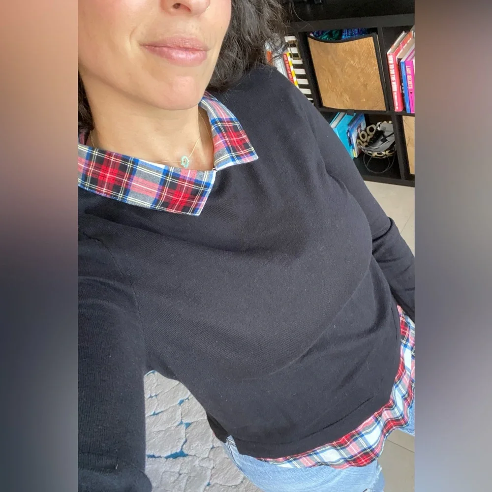 J. Crew Black Top with Red Plaid Collar